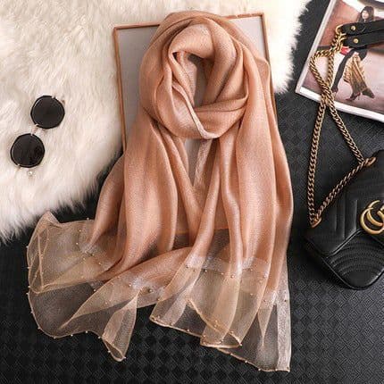 image-Silk Scarf Women 70x190cm Beaded Gold Edge Summer Beach