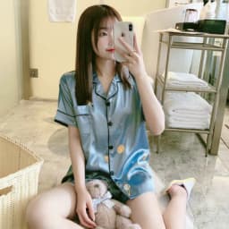 image-Women's Silk Pajama Set - Cardigan Short Sleeve Summer