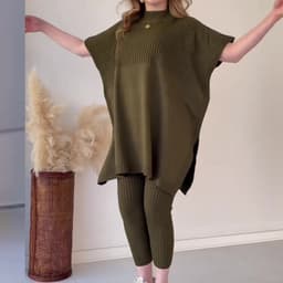 image-Round Neck Two-Piece Set - Yellow-Green Polyester Casual