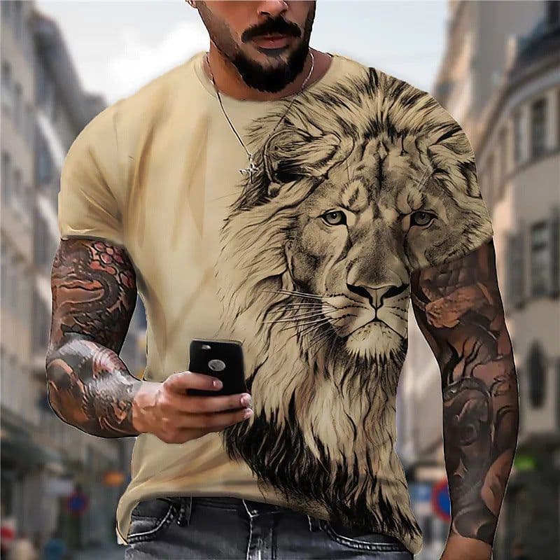 image-European & American 3D Lion Print Men's T-shirt, Short Sleeve, 6XL Comfortable