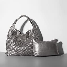 image-Woven Bucket Bag - Black Vegan Leather Large