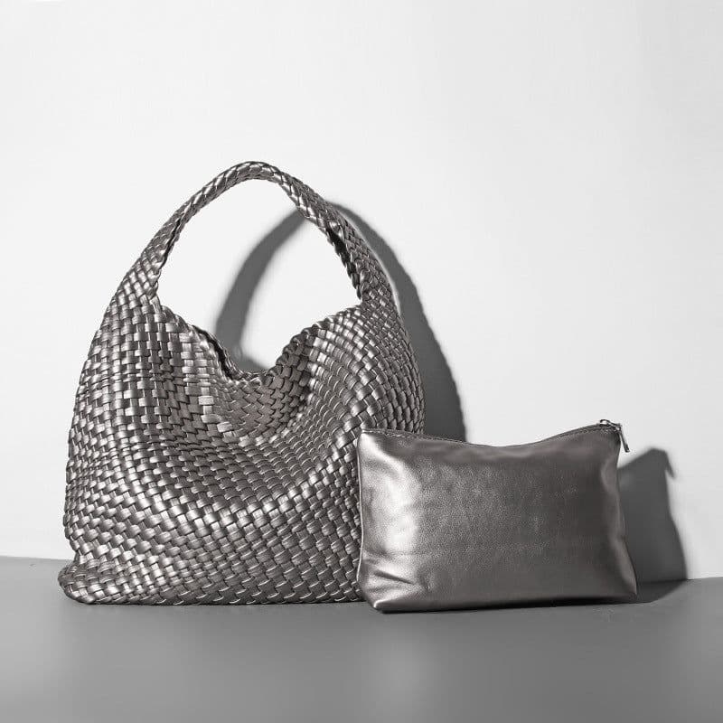 image-Woven Bucket Bag - Black Vegan Leather Large