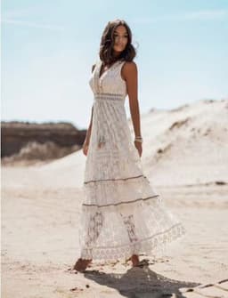 image-Lace Patchwork Dress - Apricot V Neck Sleeveless XL