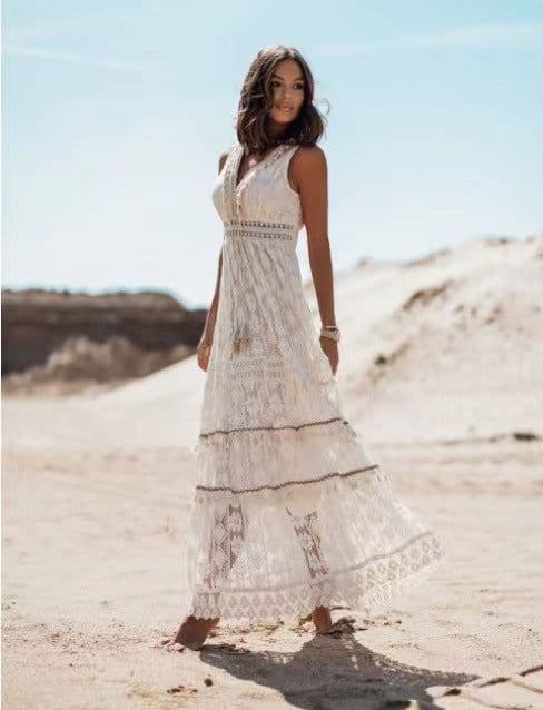 image-Lace Patchwork Dress - Apricot V Neck Sleeveless XL