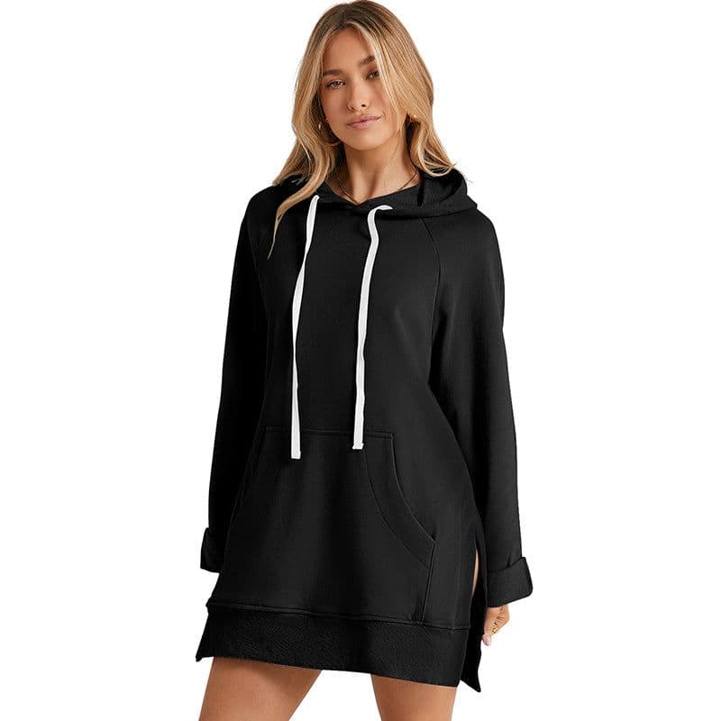 image-Women's Hooded Sweatshirt - Solid Color Mid-Length Loose Fit
