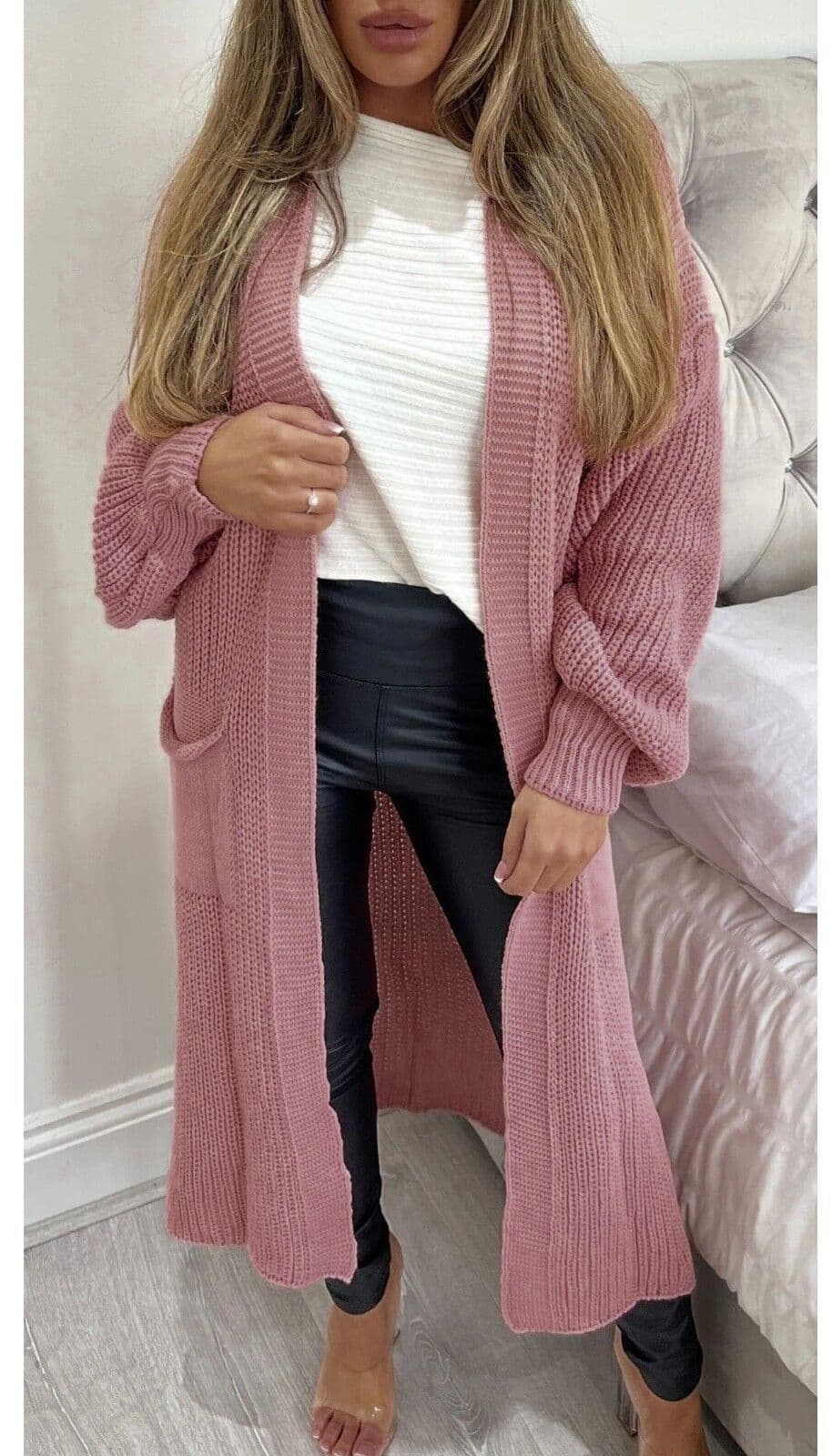 image-Women's Cardigan Sweater - Deep Pink Lantern Sleeve