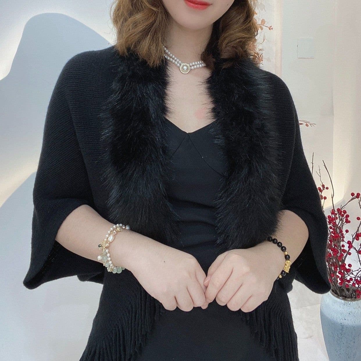 image-Women's Imitation Cashmere Shawl - Apricot Tassel Fur Collar