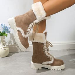 image-Women's Snow Boots - Black Suede Mid-Calf Lace-Up