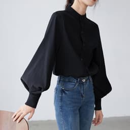 image-Black Cotton Lantern Sleeve Stand Collar Shirt
