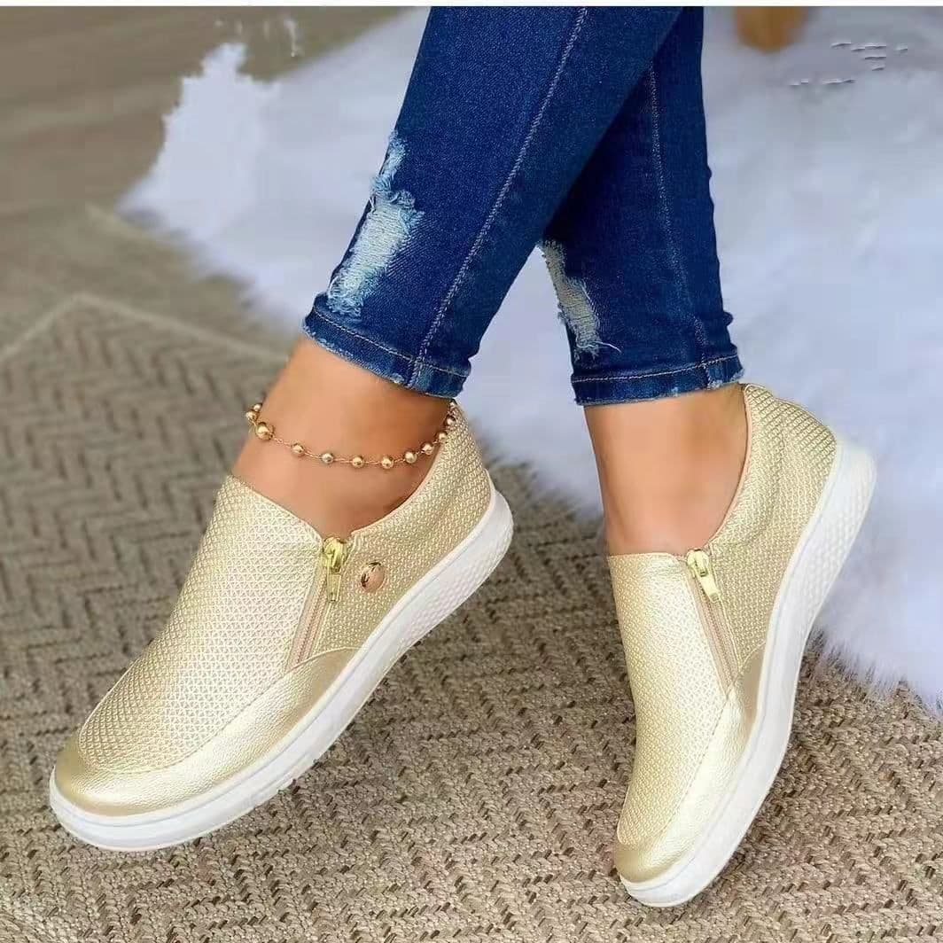 image-Casual Fashion Flat Zipper Sneakers 36-43 - Spring/Autumn 2023 Gold Black White