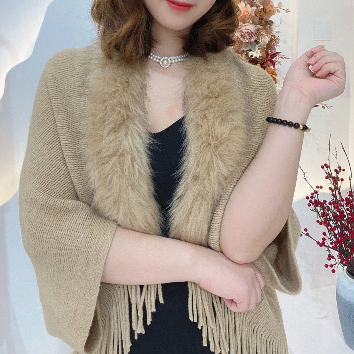 image-Women's Imitation Cashmere Shawl - Apricot Tassel Fur Collar