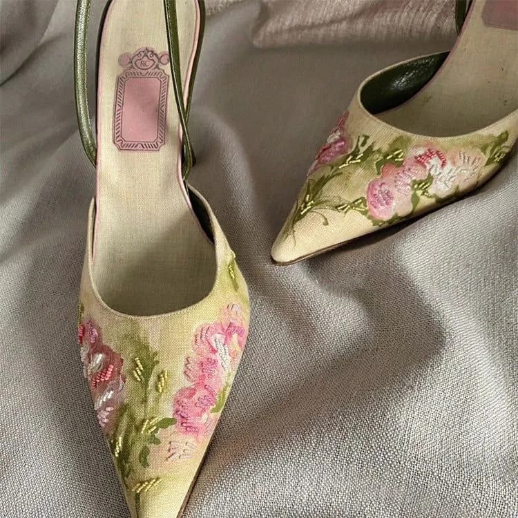 image-Embroidered Pointed Stiletto Heels - Microfiber Closed Toe