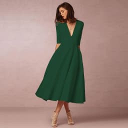 image-Women's Midi Dress - Rose Red V-Neck Swing Dress