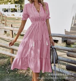 image-European & American Summer Stripe Dress - Khaki V-Neck XL