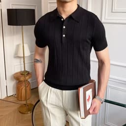 image-Polo Shirt Men's Five-Quarter Sleeves White Striped
