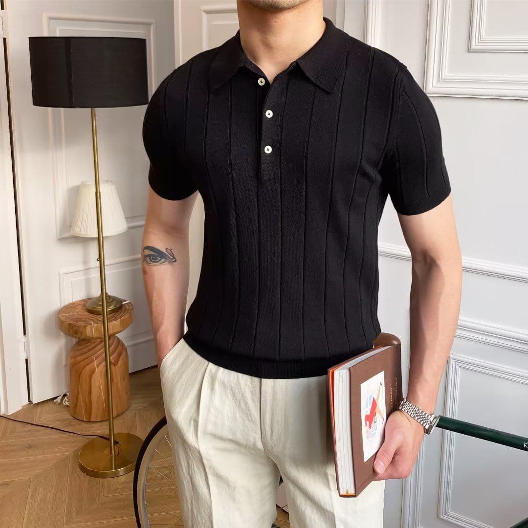 image-Polo Shirt Men's Five-Quarter Sleeves White Striped
