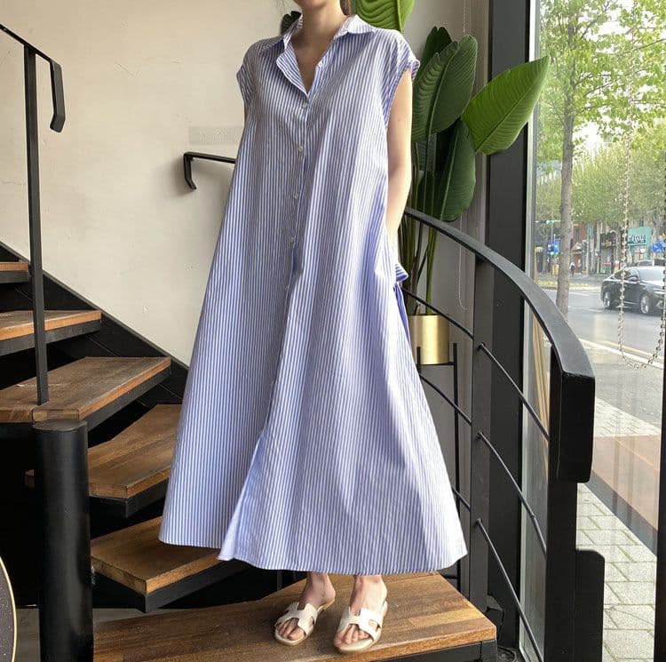 image-Women's Polo Collar Striped Shirt Dress - Long Sleeve A-Line
