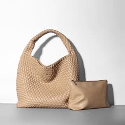 image-Woven Bucket Bag - Black Vegan Leather Large