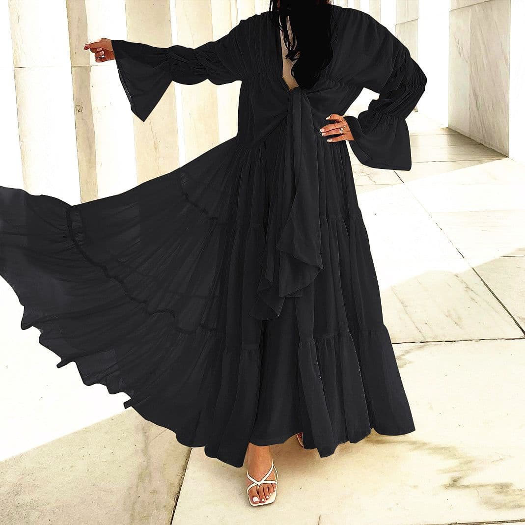 image-Loriya Belted Puff Sleeve Cardigan - Black Long Pleated