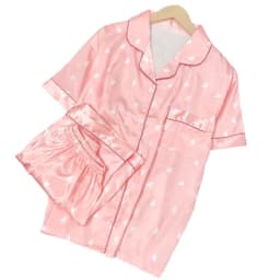 image-Women's Satin Pajama Set - Pink Lace Short Sleeve Shorts