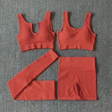 image-2021 Yoga Suit - Brown Four-Piece Set, Short Sleeve, Leggings, Size S