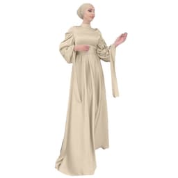 image-Women's Satin Abaya Dress - Long Sleeve Lace-Up