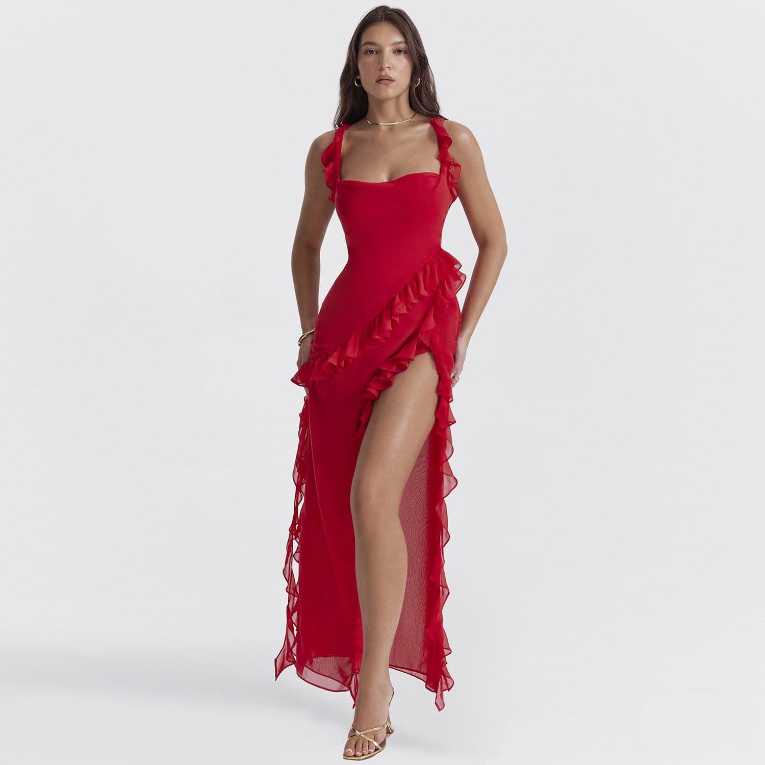 image-Red Sleeveless Slit Dress - Wood Ear Detail High Waist