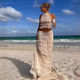 image-2024 summer new European and American cross-border sexy backless halter neck foreign trade pleated lace vest long skirt suit