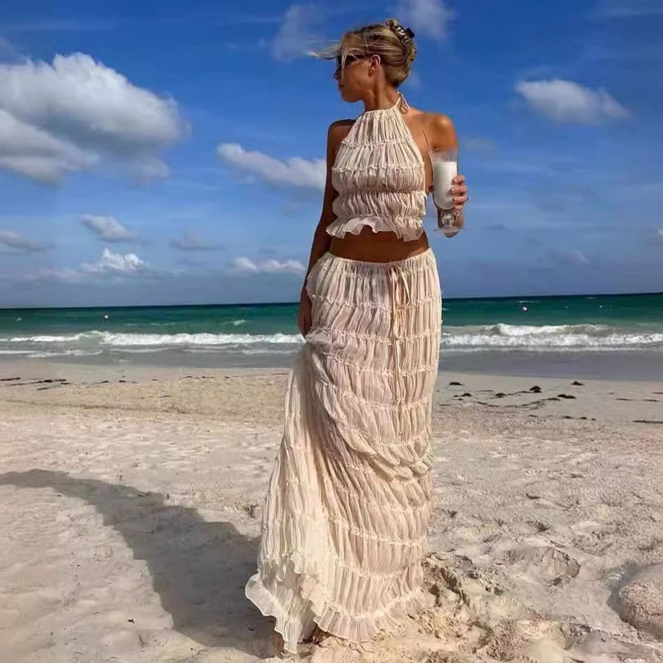 image-2024 summer new European and American cross-border sexy backless halter neck foreign trade pleated lace vest long skirt suit