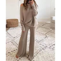 image-Women's Knitted Suit Khaki One-Shoulder Long Sleeve XXXL