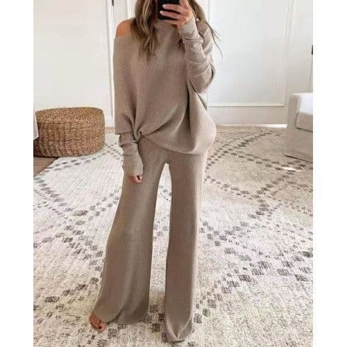 image-Women's Knitted Suit Khaki One-Shoulder Long Sleeve XXXL