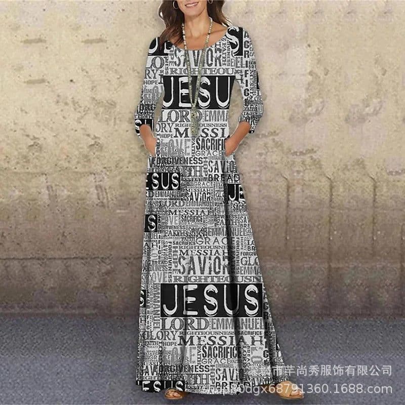 image-Women's Long Dress Round Neck High Waist Black