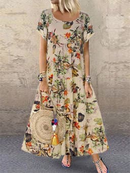 image-Women's Retro Floral Print Short Sleeve Dress