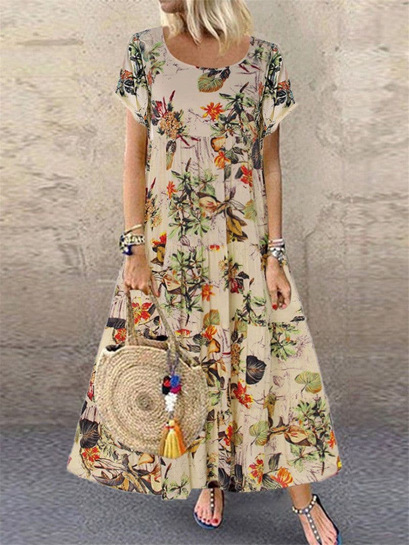 image-Women's Retro Floral Print Short Sleeve Dress