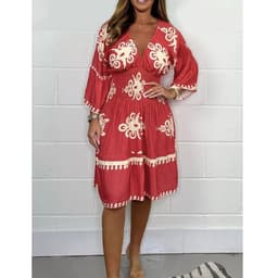 image-Women's Printed Midi Dress - Black Elastic Waist S