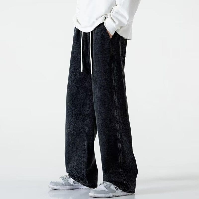 image-Straight Jeans Men Gray Mid-Rise Loose Wide-Leg