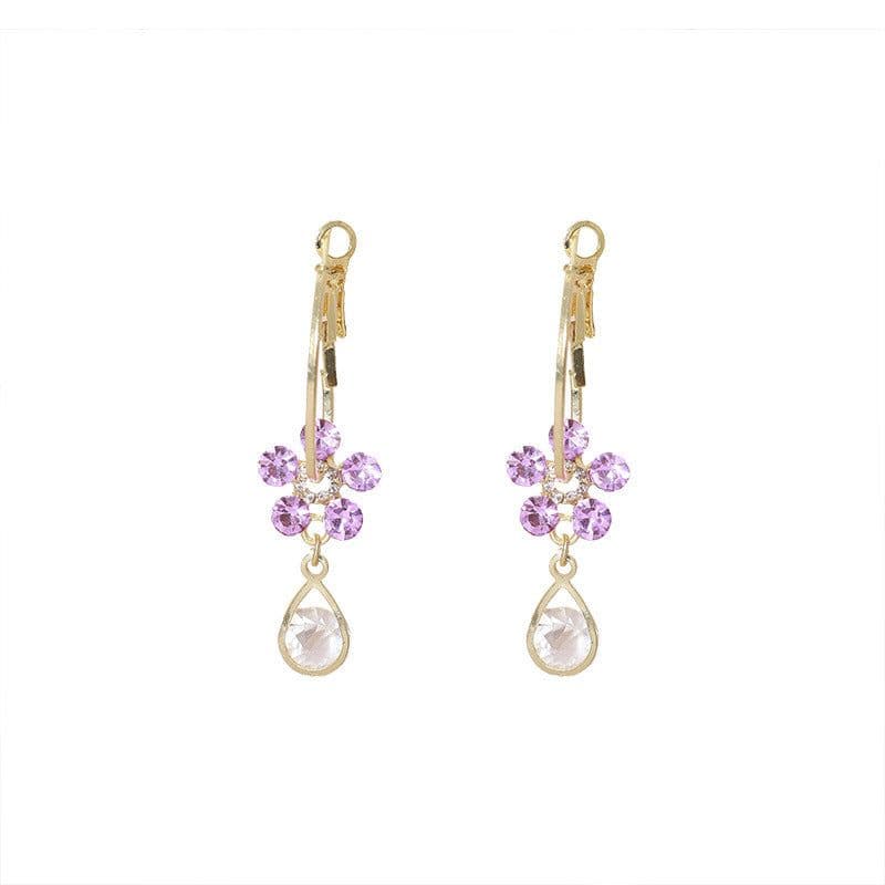 image-Flower Zircon Earrings - Purple Alloy Floral Studs