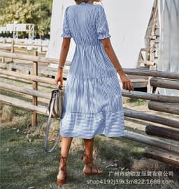 image-European & American Summer Stripe Dress - Khaki V-Neck XL