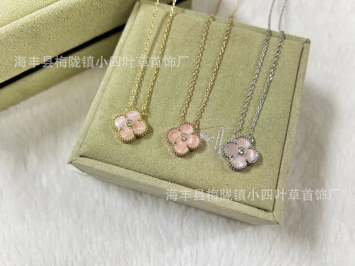 image-v gold 925 silver Fanjia four-leaf clover necklace high version women's thick plated 18k single flower pendant natural fritillary chalcedony
