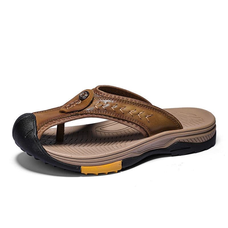 image-Men's Cowhide Flip Flops - Apricot Size 46 Casual