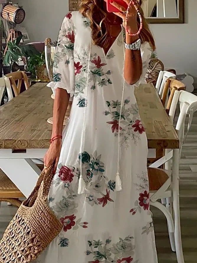 image-2022 Women's Floral V-neck Printed Dress - White 3XL