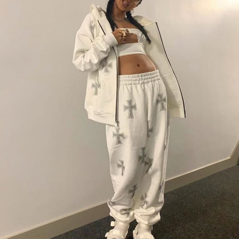 image-European and American station cross-border women's autumn new 2023 European and American loose top cross ironing diamond zipper hooded sweater