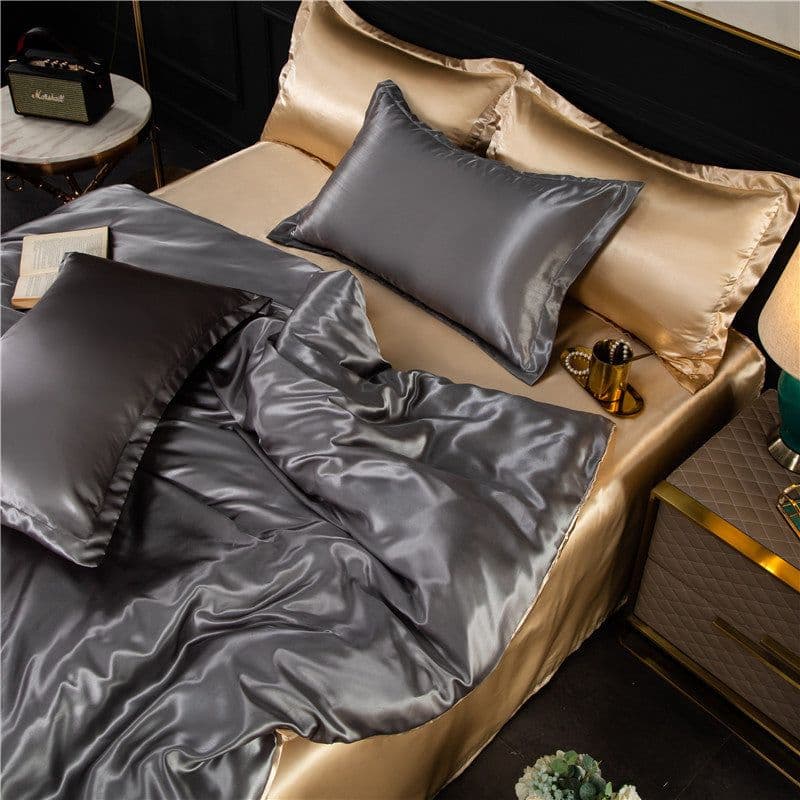 image-4-Piece Ice Silk Bedding Set - Pink Silver Gray
