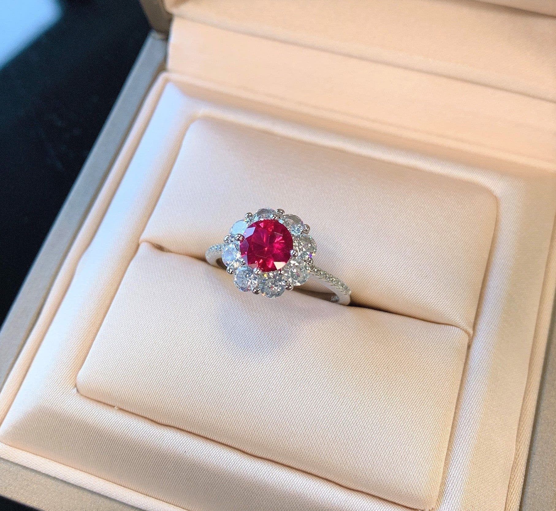 image-Zhuang Shengsheng jewelry S925 silver retro imitation ruby Dan-shaped ring earrings pendant three-piece set main stone 7mm