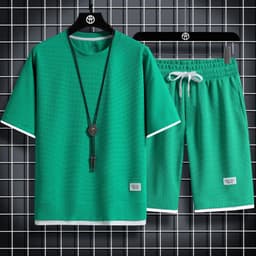 image-SEEGAVE Men's Waffle T-Shirt Shorts Set - Green 3XL