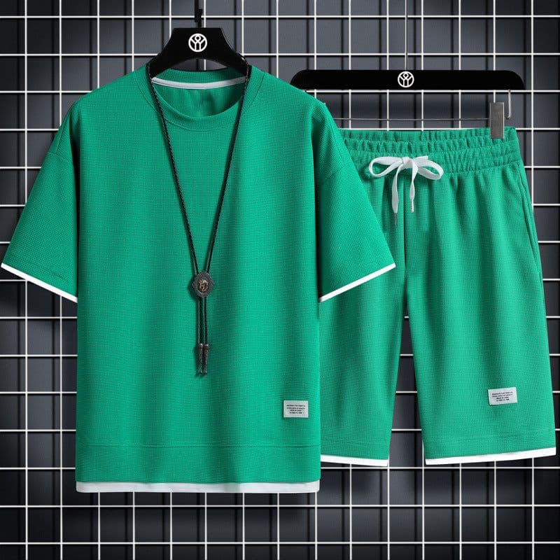 image-SEEGAVE Men's Waffle T-Shirt Shorts Set - Green 3XL