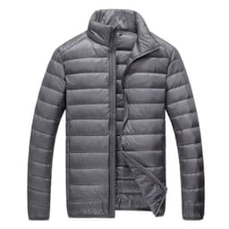 image-Men's Down Jacket - Light Grey Stand Collar Hooded
