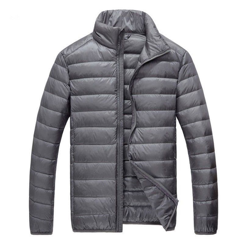 image-Men's Down Jacket - Light Grey Stand Collar Hooded