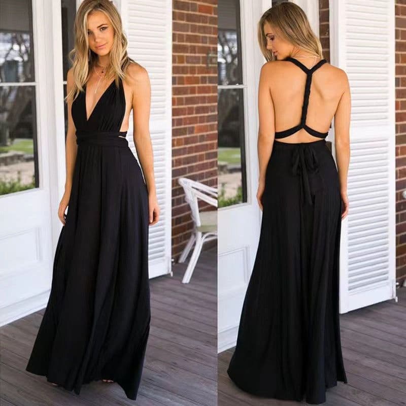 image-Cross-border European and American solid color and various ways to wear sexy strappy red dress long skirt dress bridesmaid dress