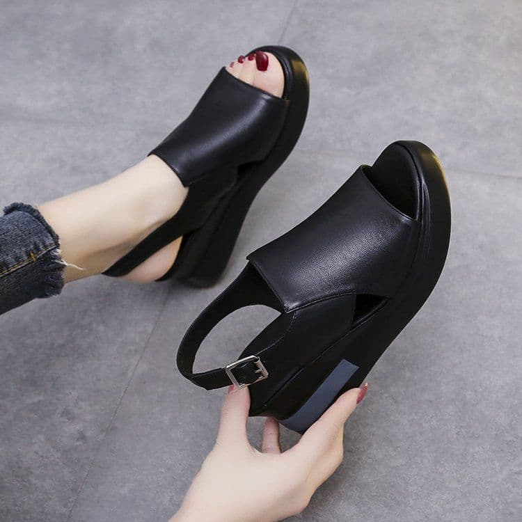 image-Muffin Wedge Sandals Women - Black High Heel